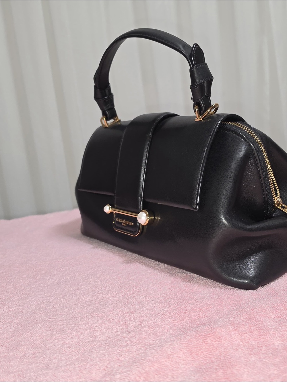 Karl Lagerfeld Black Leather Satchel with Pearl and Gold Accents - Picture 11 of 13